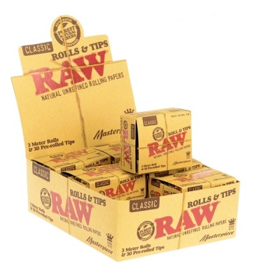 RAW MASTERPIECE PACK 3METER ROLLS WITH30 PREROLLED TIPS KING SIZE 12CT/PACK